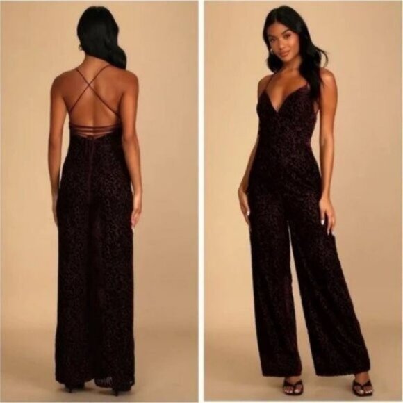 Lulus Very Classy Plum Floral Burnout Velvet Lace-Up Wide-Leg Jumpsuit NWT - Picture 1 of 12